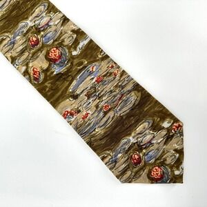 Vntg Valentino Silk Tie Tan Handmade Waterlily Pond Artsy‎ Floral Italy 4497